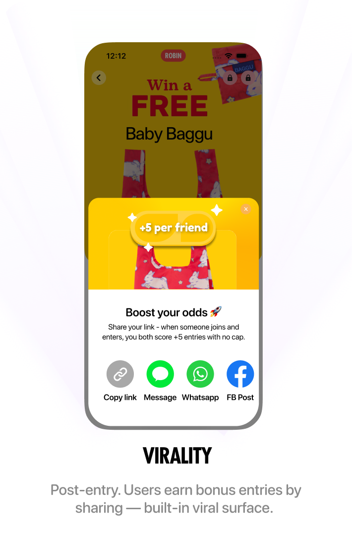 Virality. Post-entry, users earn bonus entries by sharing.